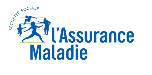 Logo de l'Assurance Maladie avec des silhouettes bleues représentant des personnes en mouvement, accompagnées d'un quadrillage vert. L'inscription 'Sécurité Sociale' est en arc de cercle au-dessus, et le nom 'l'Assurance Maladie' est écrit en bleu à droite. L'arrière-plan est transparent
