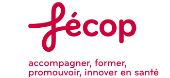 Logo de l'écop avec le nom écrit en rouge dans une typographie fluide. En dessous, le slogan 'accompagner, former, promouvoir, innover en santé' est affiché en lettres rouges. L'arrière-plan est transparent